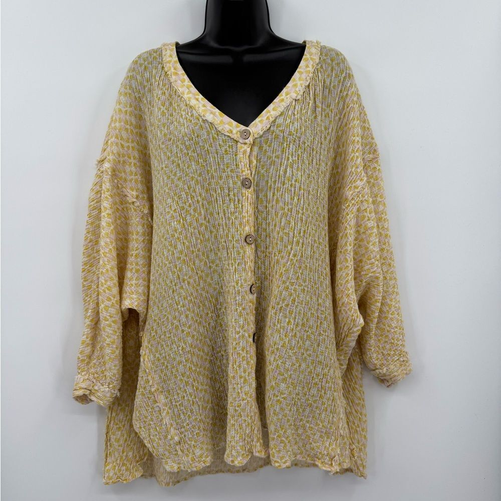Free People Oversized Crinkle Gauze Button Front Top | Yellow Ivory Pink | XS